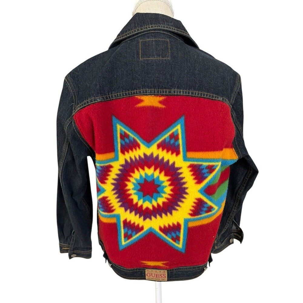 Vintage Guess Jeans Aztec Jean Jacket Dark Wash Size Medium (12/14)‎ Y2K